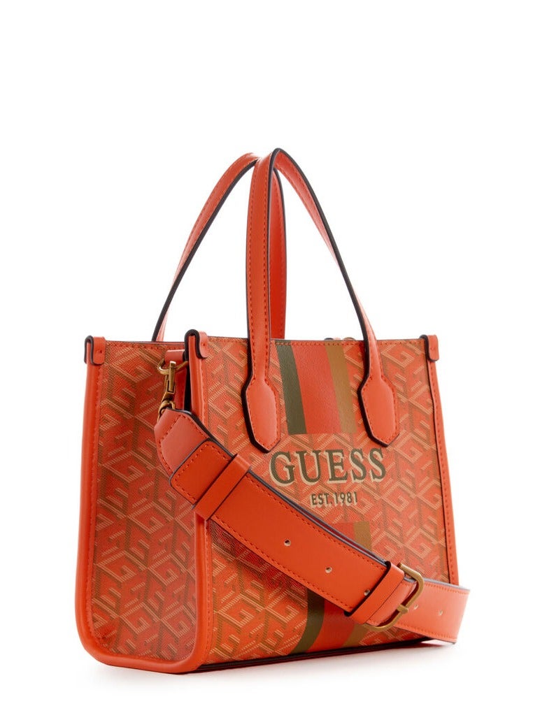 GUESS Silvana Two Compartment Mini Tote Bag – Orange Logo, Removable Strap - Image 3